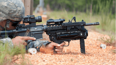 A U.S. Army paratrooper fires a training round from an M320 grenade launcher at a range in Fort Bragg, N.C., July 1, 2009.