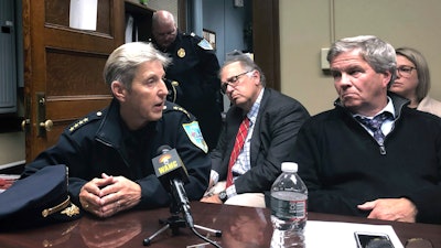 In this Oct. 17, 2019, photo, Police Commissioner Cheryl Clapprood addresses councilors' concerns about government use of facial recognition technology in surveillance cameras during a meeting in Springfield, Mass.