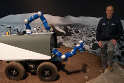 Kjetil Wormnes, automation and robotics system engineer, poses with the Space Rover after a training exercise of the European Space Agency in Katwijk, Netherlands, Nov. 25, 2019.