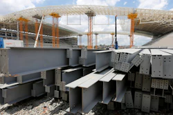 In this Dec. 8, 2013, file photo, steel beams sit outside Arena de Sao Paulo in Sao Paulo, Brazil.