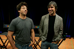 In this Sept. 2, 2008, file photo, Google co-founders Sergey Brin, left, and Larry Page during a news conference at Google Inc. headquarters in Mountain View, Calif.