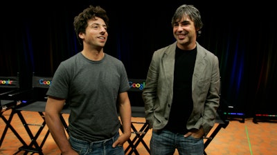 In this Sept. 2, 2008, file photo, Google co-founders Sergey Brin, left, and Larry Page during a news conference at Google Inc. headquarters in Mountain View, Calif.