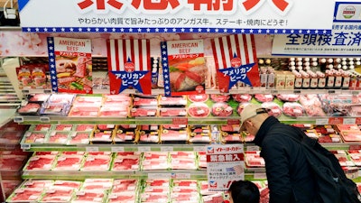 In this Feb. 16, 2019, photo, packs of frozen beef imported from the U.S. are sold at a supermarket in Tokyo.