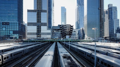 This April 1, 2019, photo shows the Long Island Railroad storage yards and buildings at Hudson Yards in New York.