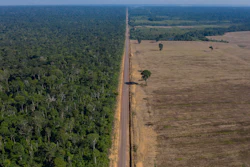 In this Nov. 25, 2019, photo, highway BR-163 stretches between the Tapajos National Forest, left, and a soy field in Belterra, Para state, Brazil.