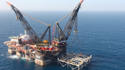 This Jan. 31, 2019, file photo, shows an oil platform in the Leviathan natural gas field in the Mediterranean Sea off the Israeli coast.