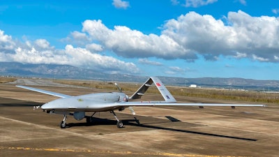 A Turkish-made Bayraktar TB2 drone at an airport in Gecitkala, Cyprus, Dec. 16, 2019.