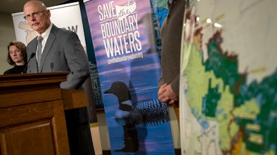 In this Dec. 17, 2019, photo, former DNR Commissioner Tom Landwehr speaks during a press conference at the Minnesota State Capitol in St. Paul.