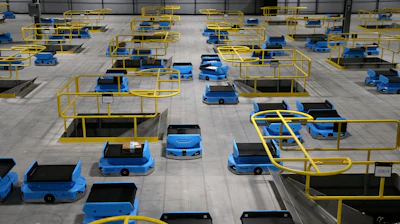 In this Dec. 17, 2019, photo, dozens of robots transport packages at an Amazon warehouse facility in Goodyear, Ariz.