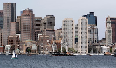 Boston skyline as seen from Boston Harbor in 2018.