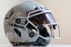 In this Sept. 11, 2017, photo, a VICIS Zero1 helmet is displayed in New York.