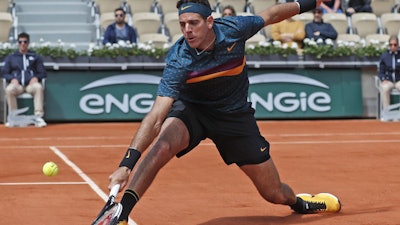 Argentina's Juan Martin del Potro plays a shot against Chile's Nicolas Jarry during their first-round match of the French Open at Roland Garros stadium, Paris, May 28, 2019.