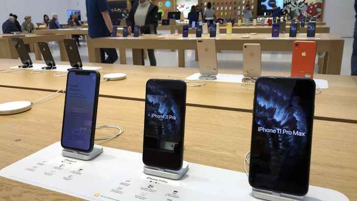 A selection of iPhones displayed an Apple store, Jan. 28, 2020, in suburban Boston.
