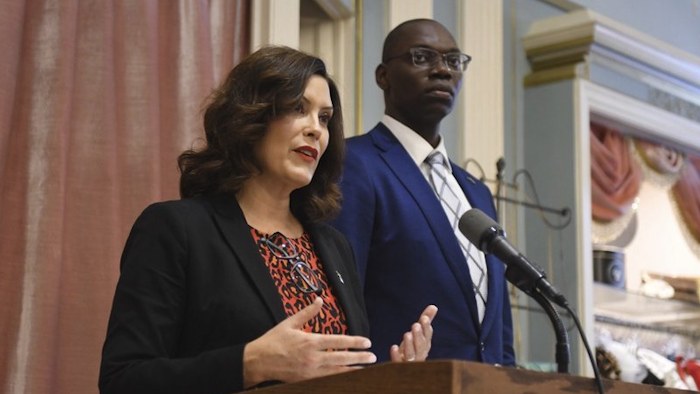 Gov. Gretchen Whitmer and Lt. Gov. Garlin Gilchrist at a news conference in Detroit, October 24, 2019.
