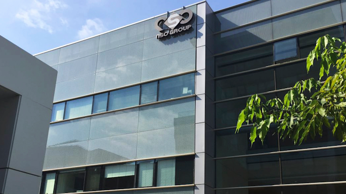 This Aug. 25, 2016, file photo shows the logo of the NSO Group on a building in Herzliya, Israel.