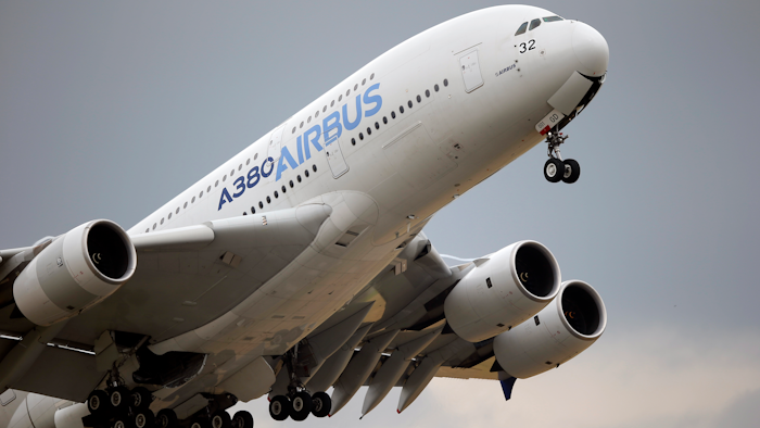 In this June 18, 2015, file photo, an Airbus A380 takes off for its demonstration flight at the Paris Air Show.