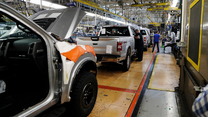 Ford F-150 trucks assembled at the Ford Rouge assembly plant in Dearborn, Mich., Sept. 27, 2018.