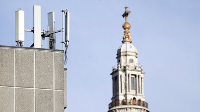 Mobile network phone masts in front of St Paul's Cathedral, London, Jan. 28, 2020.