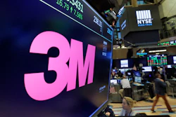In this Oct. 24, 2017, file photo, the logo for 3M appears on a screen above the trading floor of the New York Stock Exchange.