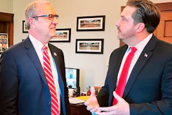 In this Jan. 30, 2019, photo, Tommy Fisher, right, talks with Sen. Kevin Cramer, R-N.D., at the lawmaker's office in Washington, D.C.