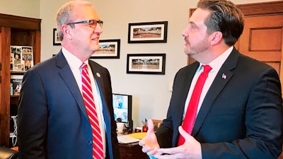 In this Jan. 30, 2019, photo, Tommy Fisher, right, talks with Sen. Kevin Cramer, R-N.D., at the lawmaker's office in Washington, D.C.