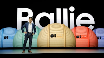 Sebastian Seung, executive vice president and chief research scientist of Samsung Research, talks about Ballie, an AI rolling robot during a keynote before the CES tech show, Jan. 6, 2020, in Las Vegas.