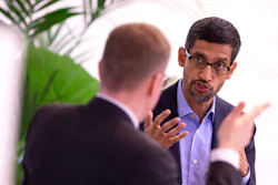 Google's chief executive Sundar Pichai addresses the audience during an event on artificial intelligence at the Square in Brussels, Jan. 20, 2020.