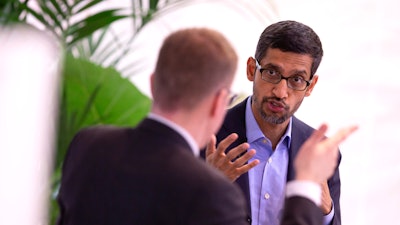 Google's chief executive Sundar Pichai addresses the audience during an event on artificial intelligence at the Square in Brussels, Jan. 20, 2020.