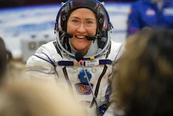 In this March 14, 2019, file photo, U.S. astronaut Christina Koch speaks with her relatives at the Baikonur cosmodrome, Kazakhstan.