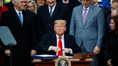 President Donald Trump prepares to sign a new North American trade agreement with Canada and Mexico during an event at the White House, Jan. 29, 2020.