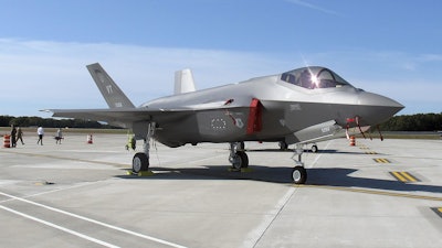 An F-35 fighter jet arrives at the Vermont Air National Guard base in South Burlington, Vt., Sept. 19, 2019.