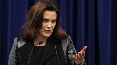 Michigan Gov. Gretchen Whitmer at the announcement of a lawsuit against 17 manufacturers, Jan. 14, 2020, in Lansing.
