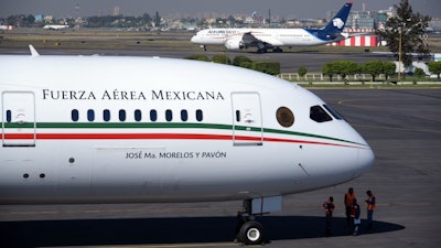 This Dec. 3, 2018, photo shows the presidential airplane at Benito Juarez International Airport, Mexico City.