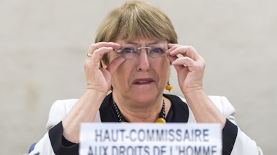 UN High Commissioner for Human Rights Michelle Bachelet speaks at the European headquarters of the United Nations in Geneva, Dec. 18, 2019.