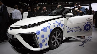 The Toyota Mirai, a hydrogen fuel cell vehicle, at the Paris Auto Show, Sept. 29, 2016.