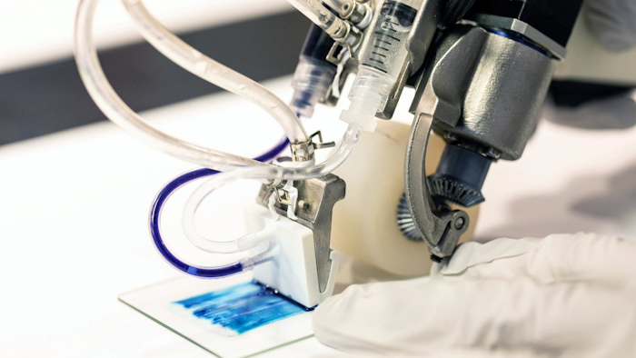 A handheld 3D skin printer works like a paint roller to cover an area with a uniform sheet of skin.