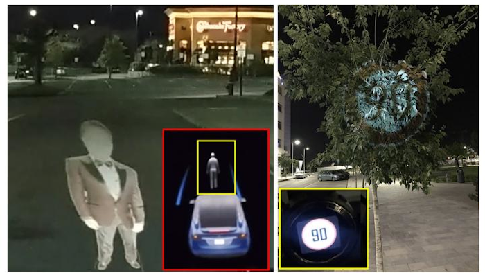 A BGU Tesla (left) considers a phantom image as a real person; the Mobileye 630 PRO autonomous vehicle system (right) interprets an image projected on a tree as a real road sign.