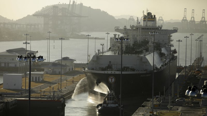 A ship guided through the Cocoli locks of the expanded Panama Canal, Jan. 19, 2017.