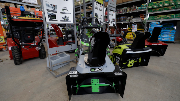 Snow blowers displayed at a Home Depot in Boston, Jan. 27, 2020.