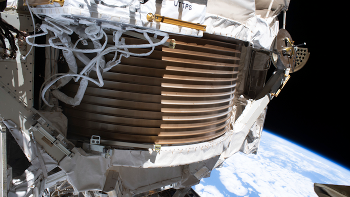 This Dec. 2, 2019, photo shows the Alpha Magnetic Spectrometer attached to the International Space Station.
