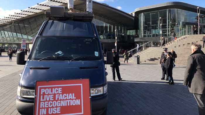 A mobile police facial recognition facility outside a shopping center in London, Feb. 11, 2020.