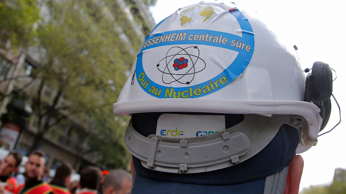A Fessenheim employee during a protest in Paris, April 6, 2017.