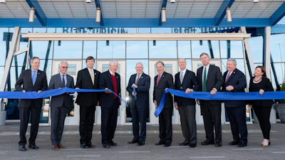 Left to right: Huntsville Chamber Board Chair Kevin Byrnes, Clayco CEO Bob Clark, Madison Co. Commission Chairman Dale Strong, U.S. Rep. Mo Brooks, Blue Origin CEO Bob Smith, U.S. Sen. Doug Jones, U.S. Rep. Robert Aderholt, Huntsville Mayor Tommy Battle, Ala. Secretary of Commerce Greg Canfield, and Executive Director of Cummings Research Park Erin Koshut.
