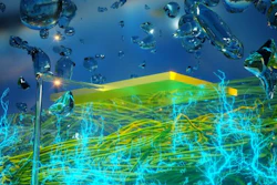 Graphic image of a thin film of protein nanowires generating electricity from atmospheric humidity.