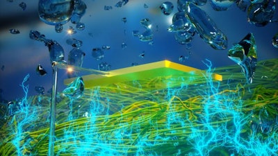 Graphic image of a thin film of protein nanowires generating electricity from atmospheric humidity.