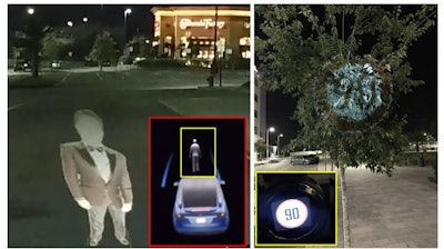 A BGU Tesla (left) considers a phantom image as a real person; the Mobileye 630 PRO autonomous vehicle system (right) interprets an image projected on a tree as a real road sign.