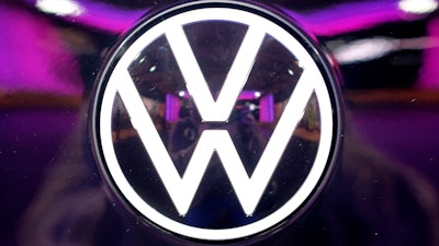 The VW logo on a car at a factory opening ceremony in Zwickau, Germany, Nov. 4, 2019.