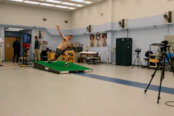 Central Connecticut pitcher Michael DeLease throws off a smart mound at the Center for Motion Analysis in Farmington, Conn., Jan. 28, 2020.