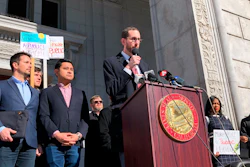 California state Sen. Scott Wiener announces he will introduce legislation to take over Pacific Gas & Electric at a rally in San Francisco, Feb. 3, 2020.
