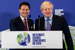 British Prime Minister Boris Johnson, right, and Italian Prime Minister Giuseppe Conte attend the launch of the upcoming COP26 UN Climate Summit in London, Feb. 4, 2020.